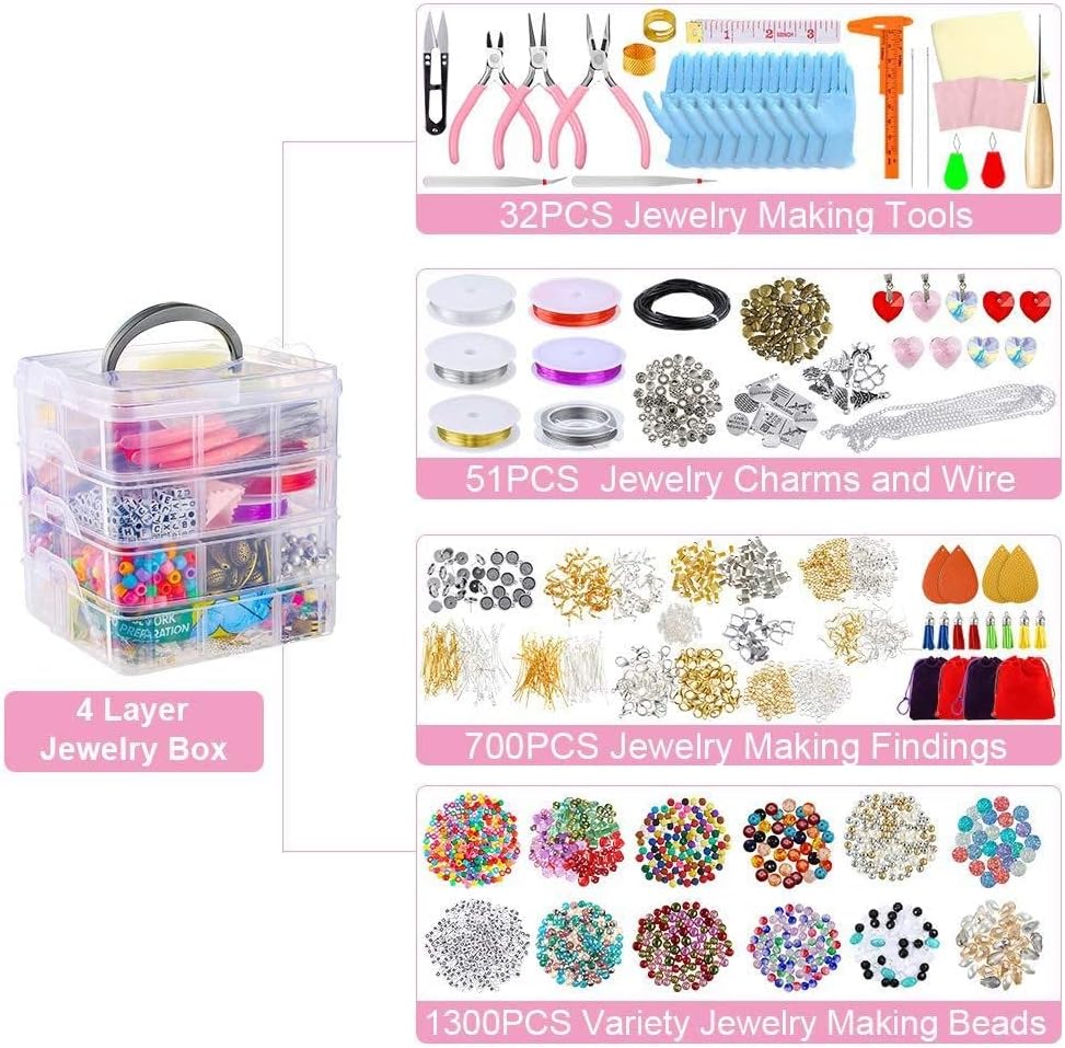 Jewelry making kit full set with pliers and beads

Jewelry tools and findings in plastic organizer

DIY jewelry accessories for crafting

Beads and charms assortment for bracelets

Jewelry-making supplies arranged in tiers

