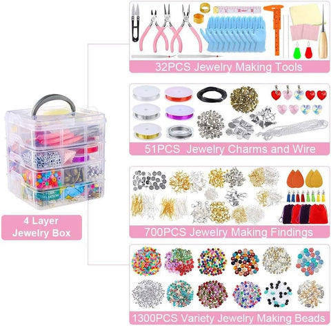 Jewelry making kit full set with pliers and beads

Jewelry tools and findings in plastic organizer

DIY jewelry accessories for crafting

Beads and charms assortment for bracelets

Jewelry-making supplies arranged in tiers

