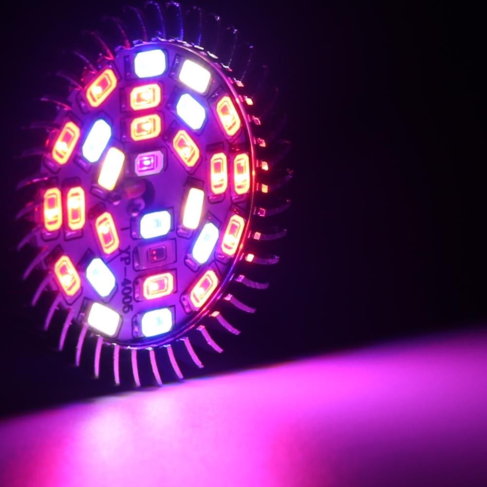 28W LED grow light bulb for indoor plant growth
Full spectrum E27 grow lamp emitting purple light
Hydroponic LED bulb with red blue white UV IR chips
Energy-efficient grow light for seedling and flowering
LED grow light with E27 base and cooling shell