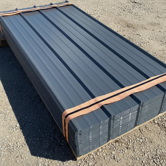 29-gauge steel siding panels in silver finish – side view
Close-up of red metal siding with smooth weather-resistant finish
Full stack of steel siding panels in multiple lengths
29-gauge corrugated siding installed on an exterior wall
Brown, white, and gray siding panel color options for metal exterior
Long 20ft steel panel view – suitable for barn or home
