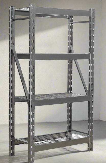 Compact gray 3-shelf steel rack, ideal for small garage spaces