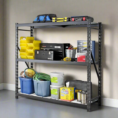 5-layer heavy-duty steel garage storage rack with tools and containers