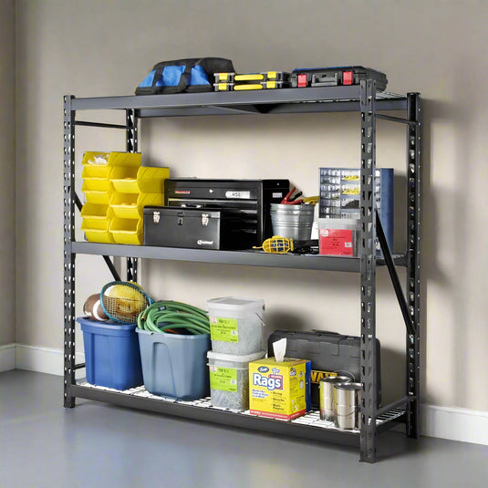 5-layer heavy-duty steel garage storage rack with tools and containers