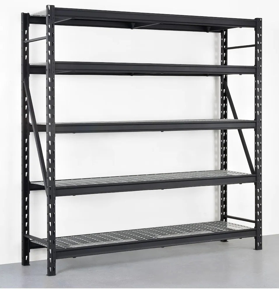 Black 5-tier steel utility rack for garage or warehouse use