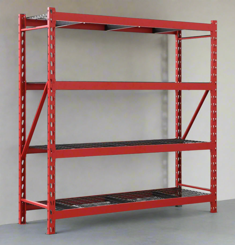 Red metal garage shelving frame with locking slots and cross support