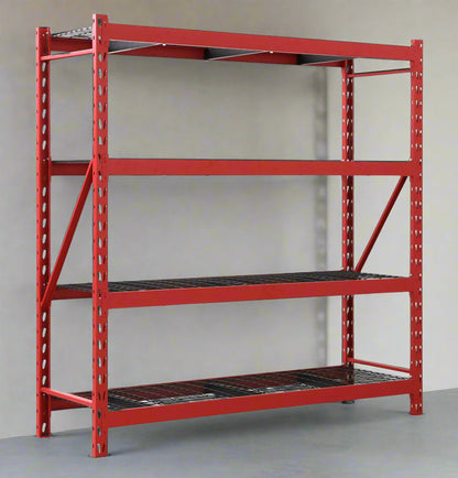 Red metal garage shelving frame with locking slots and cross support