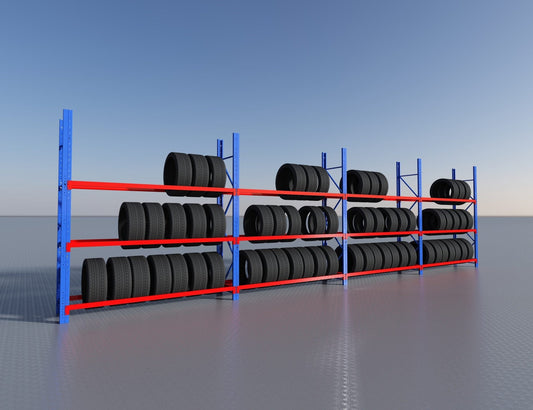 Heavy-duty steel tire rack installed in garage

3-bay expandable tire rack system with blue frame

26 FT long steel racking unit for tire display
