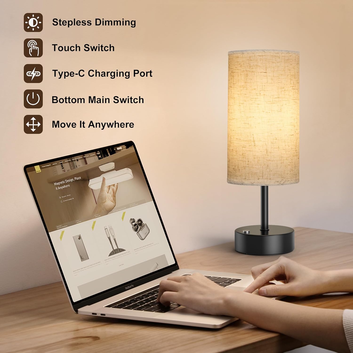 Modern Bedside Lamp with Pull Chain and LED Bulb Included