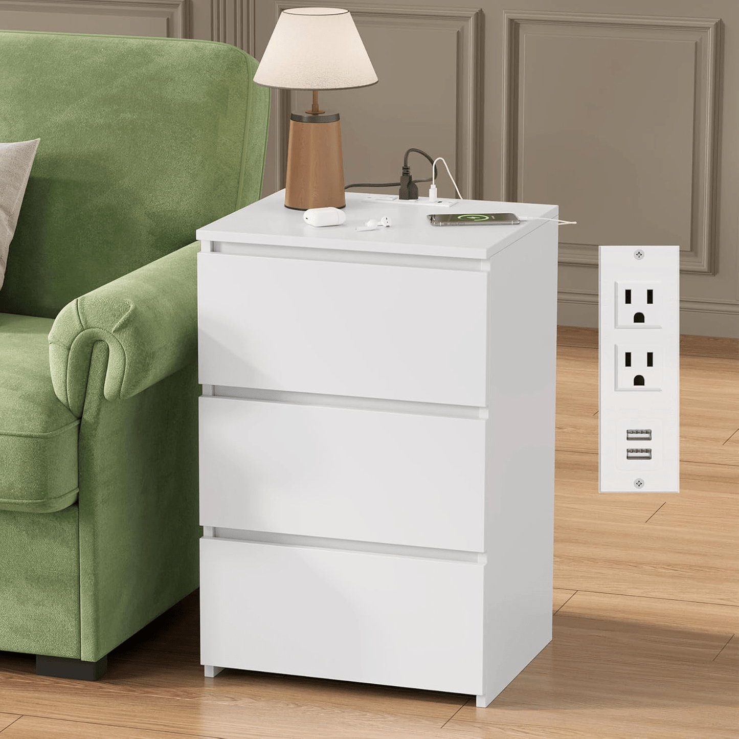 "Modern black 3 drawer dresser cabinet with USB charging station"

"White bedroom dresser cabinet with deep storage drawers"

"Bedroom scene with black 3 drawer storage chest"

"Minimalist white dresser cabinet for bedrooms"

"USB charging port feature on 3 drawer dresser cabinet"