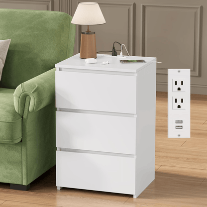 "Modern black 3 drawer dresser cabinet with USB charging station"

"White bedroom dresser cabinet with deep storage drawers"

"Bedroom scene with black 3 drawer storage chest"

"Minimalist white dresser cabinet for bedrooms"

"USB charging port feature on 3 drawer dresser cabinet"