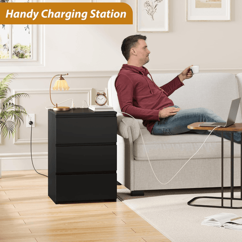 "Modern black 3 drawer dresser cabinet with USB charging station"

"White bedroom dresser cabinet with deep storage drawers"

"Bedroom scene with black 3 drawer storage chest"

"Minimalist white dresser cabinet for bedrooms"

"USB charging port feature on 3 drawer dresser cabinet"
