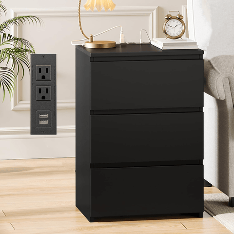 "Modern black 3 drawer dresser cabinet with USB charging station"

"White bedroom dresser cabinet with deep storage drawers"

"Bedroom scene with black 3 drawer storage chest"

"Minimalist white dresser cabinet for bedrooms"

"USB charging port feature on 3 drawer dresser cabinet"
