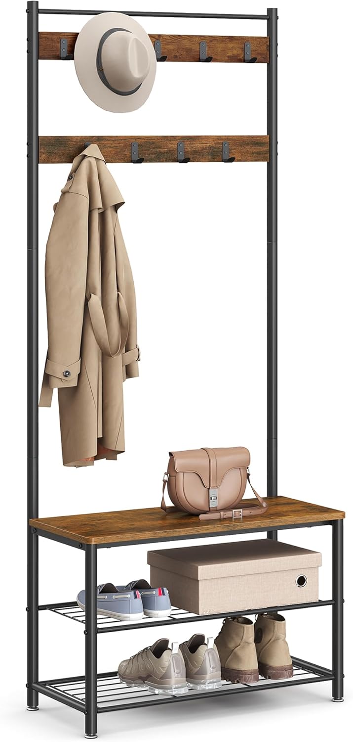 New 3 - in - 1 Hall Tree Coat Rack with Shoe Storage Bench – Entryway Organizer with Steel Frame S1322 - with | Sold by Uncle Wiener's Wholesale