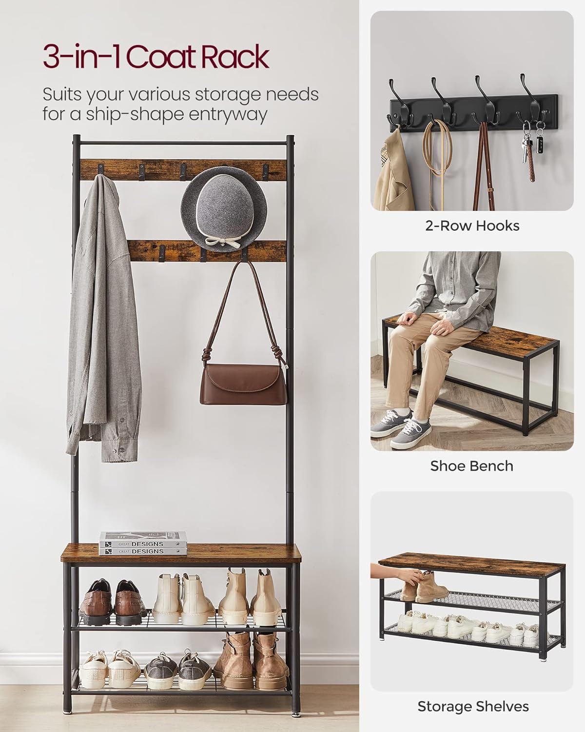 New 3 - in - 1 Hall Tree Coat Rack with Shoe Storage Bench – Entryway Organizer with Steel Frame S1322 - with | Sold by Uncle Wiener's Wholesale