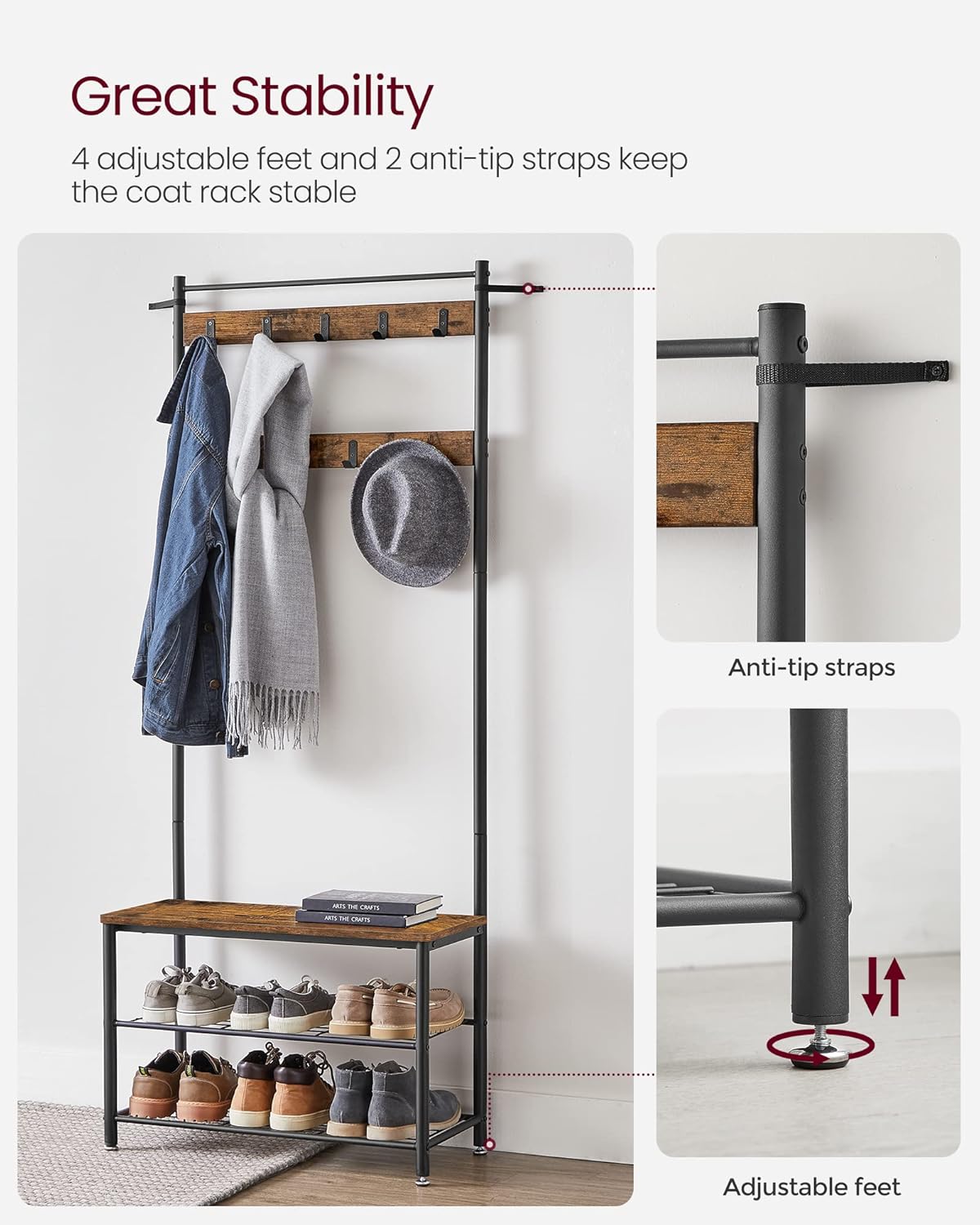 New 3 - in - 1 Hall Tree Coat Rack with Shoe Storage Bench – Entryway Organizer with Steel Frame S1322 - with | Sold by Uncle Wiener's Wholesale