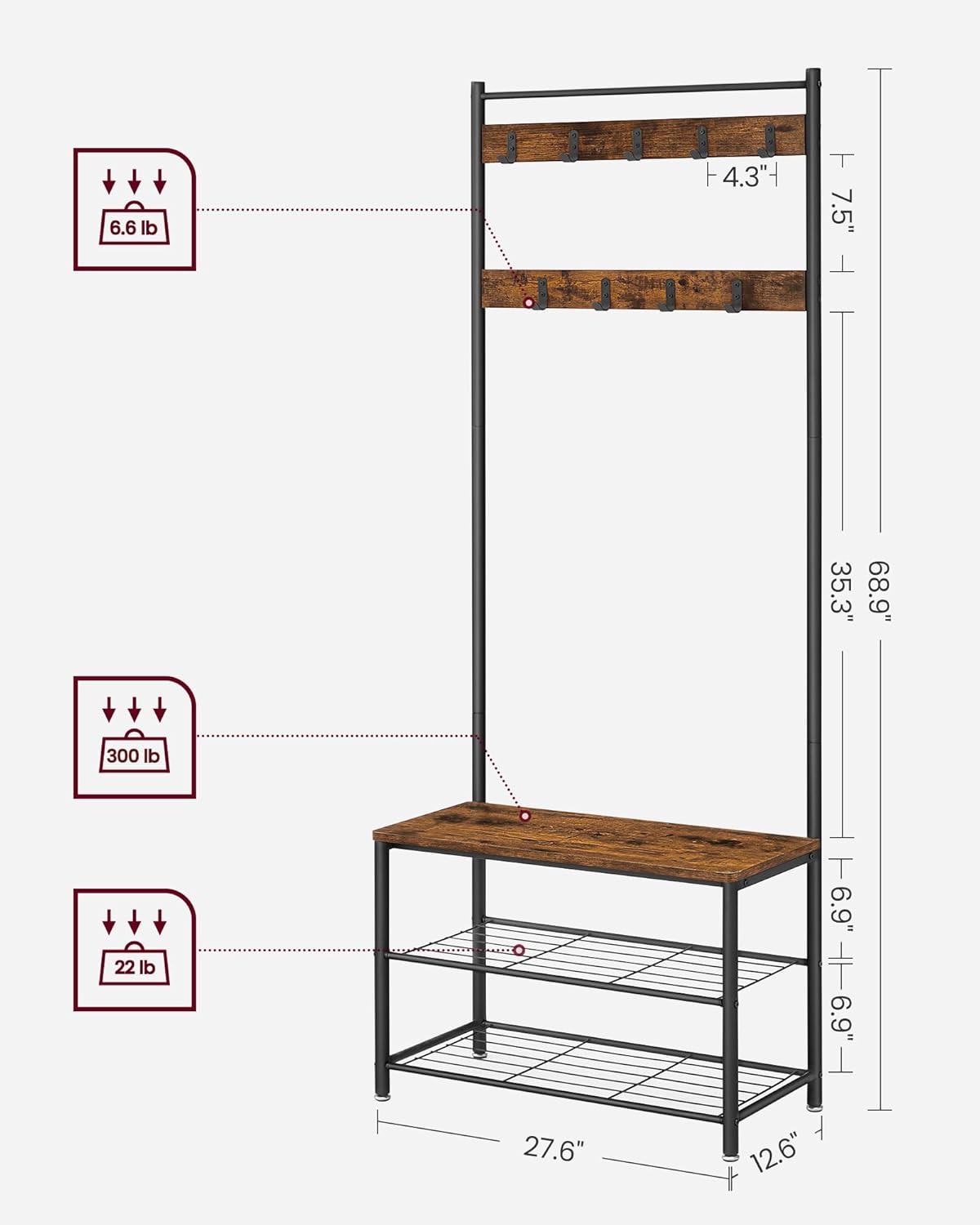 New 3 - in - 1 Hall Tree Coat Rack with Shoe Storage Bench – Entryway Organizer with Steel Frame S1322 - with | Sold by Uncle Wiener's Wholesale