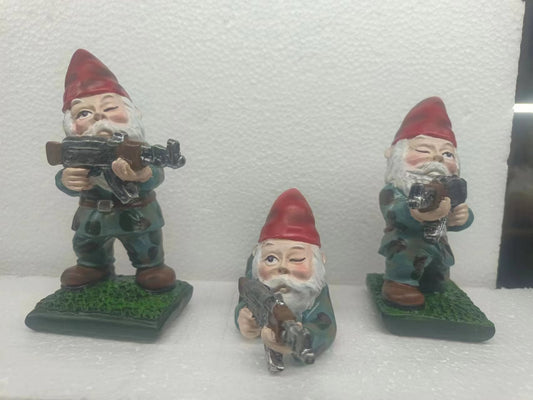 Military Garden Gnome Set – Armed with AK47, Resin 3-Pack Lawn Ornament | SKU 519318