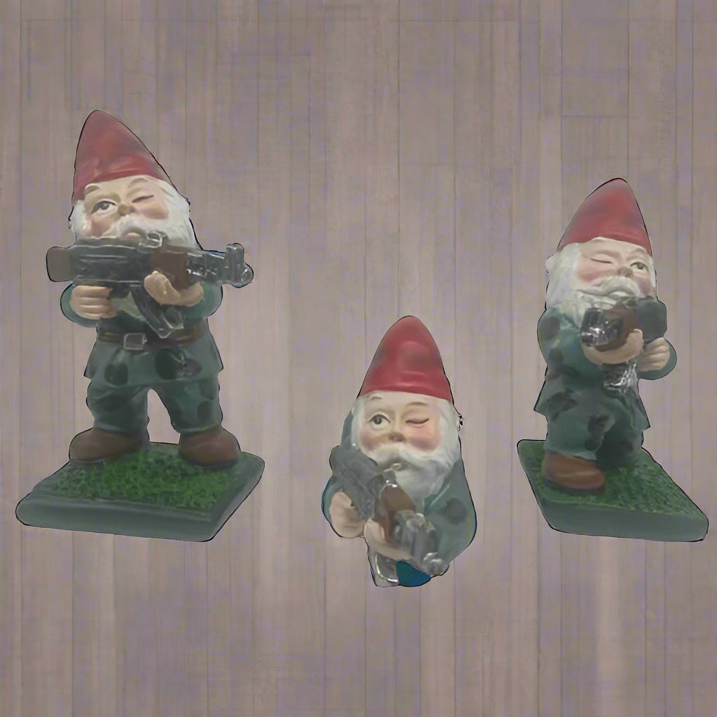 Military Garden Gnome Set – Armed with AK47, Resin 3-Pack Lawn Ornament | SKU 519318