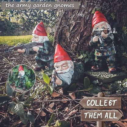 Military Garden Gnome Set – Armed with AK47, Resin 3-Pack Lawn Ornament | SKU 519318