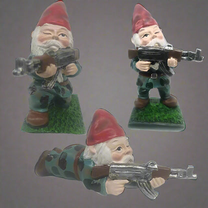 Military Garden Gnome Set – Armed with AK47, Resin 3-Pack Lawn Ornament | SKU 519318