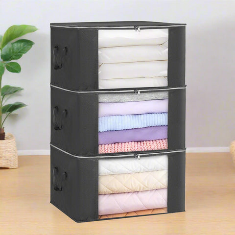 3-pack foldable clothes storage bags with clear window and handles
breathable black storage bags with zippers for bedding and clothing
closet organizer storage solution – 3-pack zippered bags
