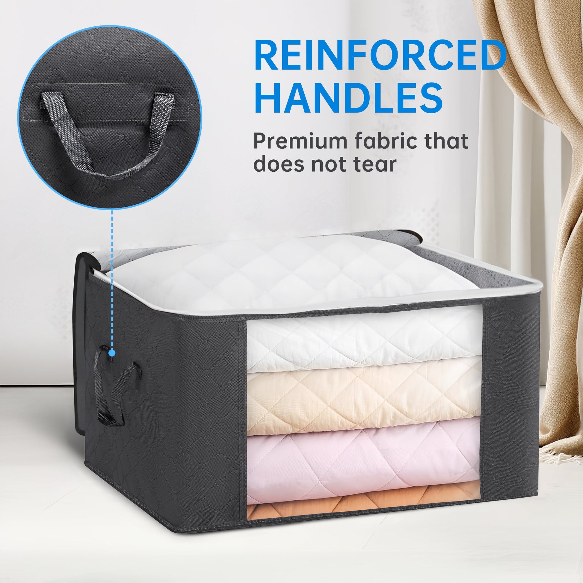 3-pack foldable clothes storage bags with clear window and handles
breathable black storage bags with zippers for bedding and clothing
closet organizer storage solution – 3-pack zippered bags