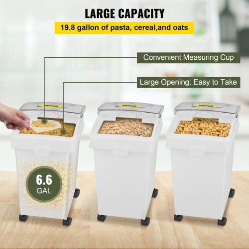 3-pack 6.6-gallon commercial food storage bins with scoops and sliding lids on caster wheels
