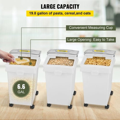 3-pack 6.6-gallon commercial food storage bins with scoops and sliding lids on caster wheels