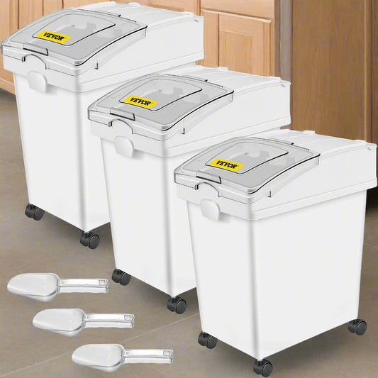 3-pack 6.6-gallon commercial food storage bins with scoops and sliding lids on caster wheels