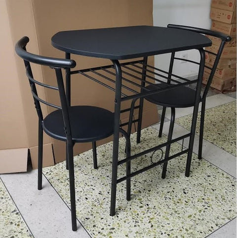“3-piece black bistro dining set with table and 2 chairs”

“Small space dining set with built-in storage rack”

“Compact black metal dining table and chairs”

“Dining table for apartments and condos with storage”

“Modern 3-piece kitchen table and chairs set”