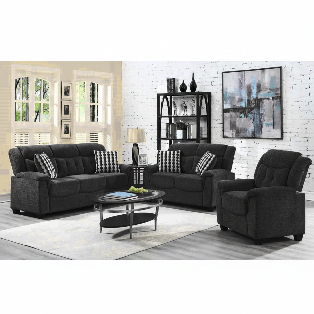 BT2310 full living room set in black – sofa, loveseat, chair
Dark gray version of BT2310 3-seater set
Close-up of tufted cushion details
Side profile showing wood legs and frame
Full view of all three pieces together in staged living room