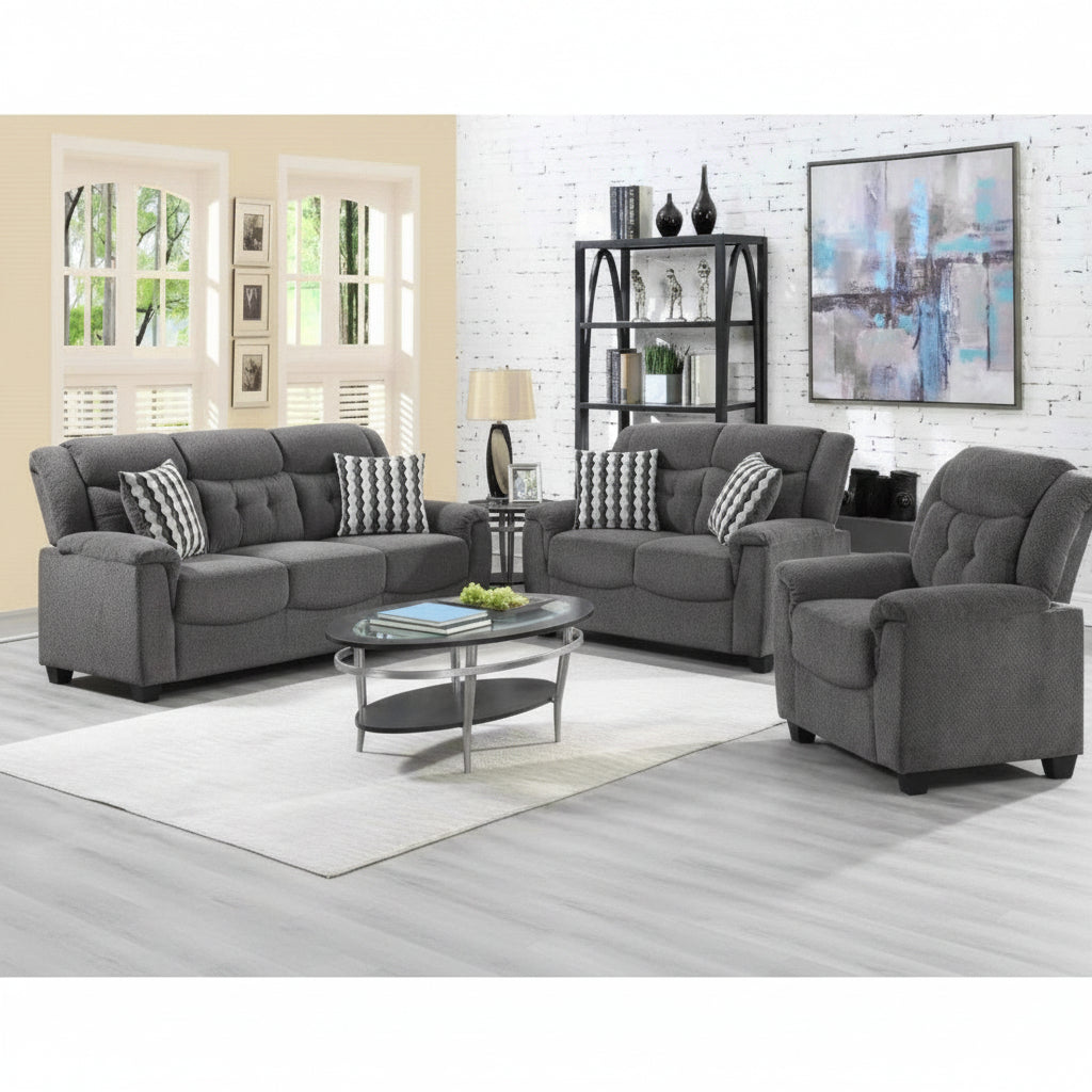 BT2310 full living room set in black – sofa, loveseat, chair
Dark gray version of BT2310 3-seater set
Close-up of tufted cushion details
Side profile showing wood legs and frame
Full view of all three pieces together in staged living room