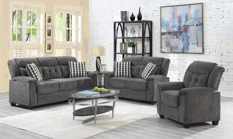 BT2310 full living room set in black – sofa, loveseat, chair
Dark gray version of BT2310 3-seater set
Close-up of tufted cushion details
Side profile showing wood legs and frame
Full view of all three pieces together in staged living room