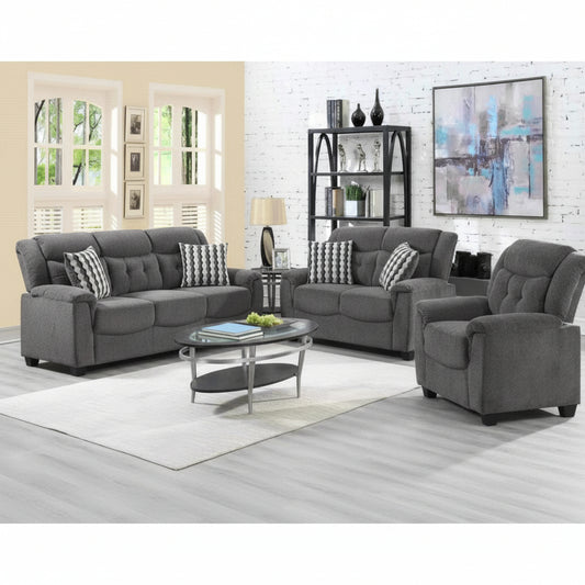 BT2310 full living room set in black – sofa, loveseat, chair
Dark gray version of BT2310 3-seater set
Close-up of tufted cushion details
Side profile showing wood legs and frame
Full view of all three pieces together in staged living room