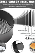 3-piece black non-stick springform pan set stacked

Close-up of leakproof buckle system and honeycomb base

Pan sizes and removable bottoms shown in open position

Full set displayed with baked cake example

Pans nested and stored compactly on kitchen counter