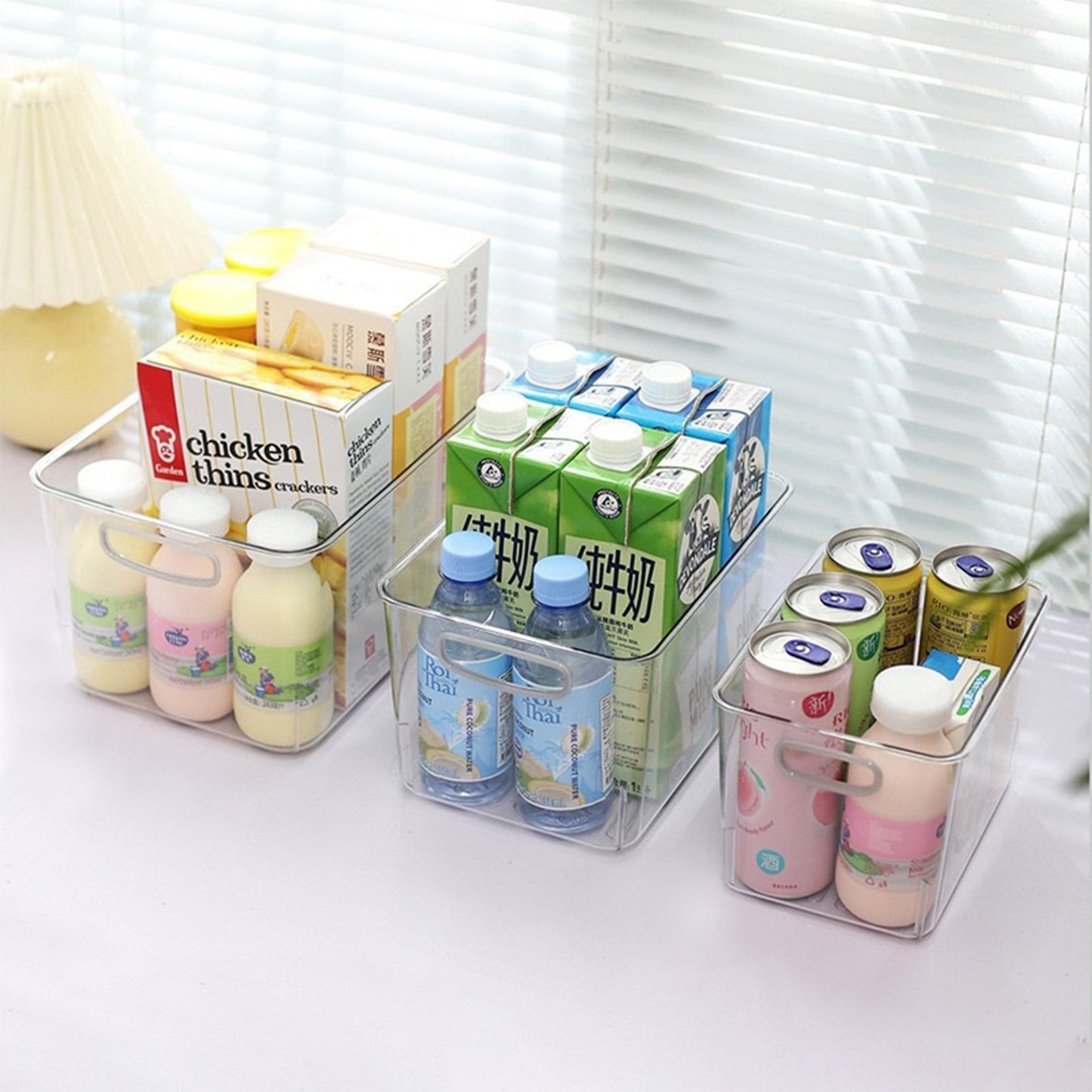 "3-piece clear pantry bin set in fridge"

"stackable food storage containers"

"kitchen organization clear plastic bins"

"bpa-free pantry organizer set"

"fridge and cabinet bin set"