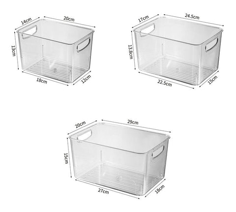 "3-piece clear pantry bin set in fridge"

"stackable food storage containers"

"kitchen organization clear plastic bins"

"bpa-free pantry organizer set"

"fridge and cabinet bin set"