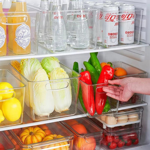 "3-piece clear pantry bin set in fridge"

"stackable food storage containers"

"kitchen organization clear plastic bins"

"bpa-free pantry organizer set"

"fridge and cabinet bin set"