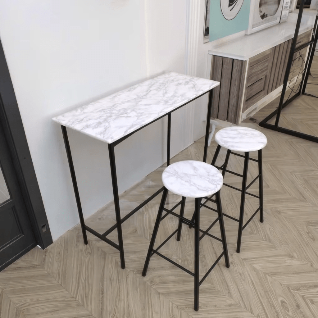 Compact 3-piece dining set with faux marble counter-height table and stools
Modern small space dining furniture with a black metal frame