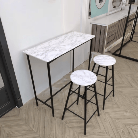Compact 3-piece dining set with faux marble counter-height table and stools
Modern small space dining furniture with a black metal frame