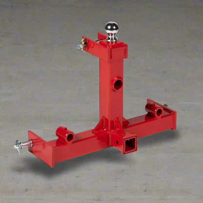 Red 3-point gooseneck hitch with bale spear mount
Tractor trailer hitch attachment with hay spear slots
Reinforced hitch frame for Conus 2 and Conus 1 spear placement
3-point trailer hitch attachment mounted on tractor
Spear holes and 2” trailer receiver on attachment frame