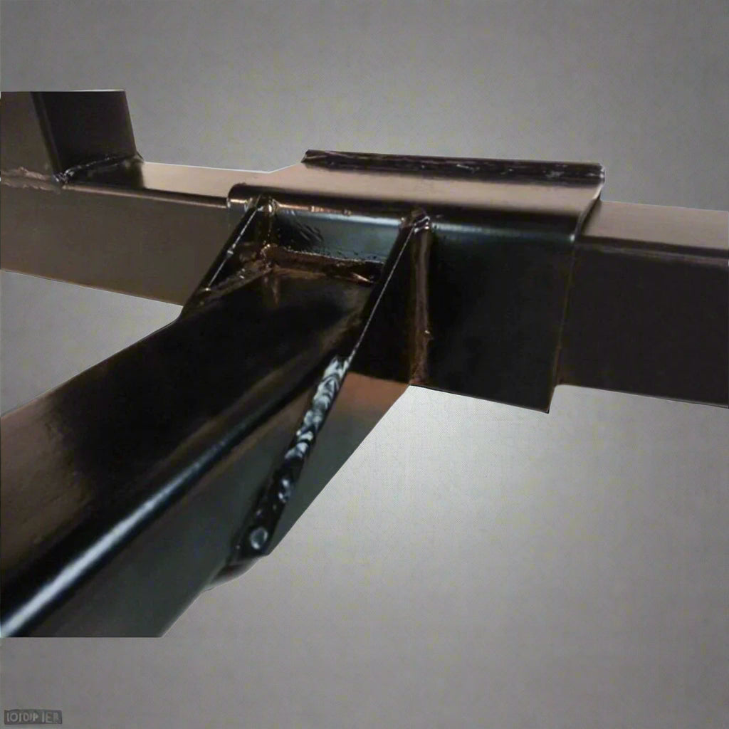 "3-point tractor pallet fork attachment front view – black powder-coated steel"

"Side view of Category 1 tractor hitch pallet fork"

"Closeup of adjustable fork spacing and lock bolts"

"Angled view showing frame and fork mounting points"