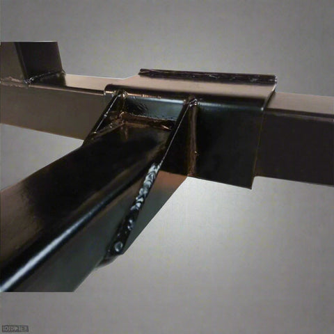 "3-point tractor pallet fork attachment front view – black powder-coated steel"

"Side view of Category 1 tractor hitch pallet fork"

"Closeup of adjustable fork spacing and lock bolts"

"Angled view showing frame and fork mounting points"