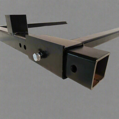 "3-point tractor pallet fork attachment front view – black powder-coated steel"

"Side view of Category 1 tractor hitch pallet fork"

"Closeup of adjustable fork spacing and lock bolts"

"Angled view showing frame and fork mounting points"
