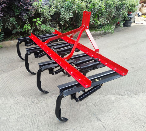 Red 3-point cultivator attachment with shanks and quick hitch
Close-up of heavy-duty hitch frame and shank spacing
Cultivator depth and working width overview