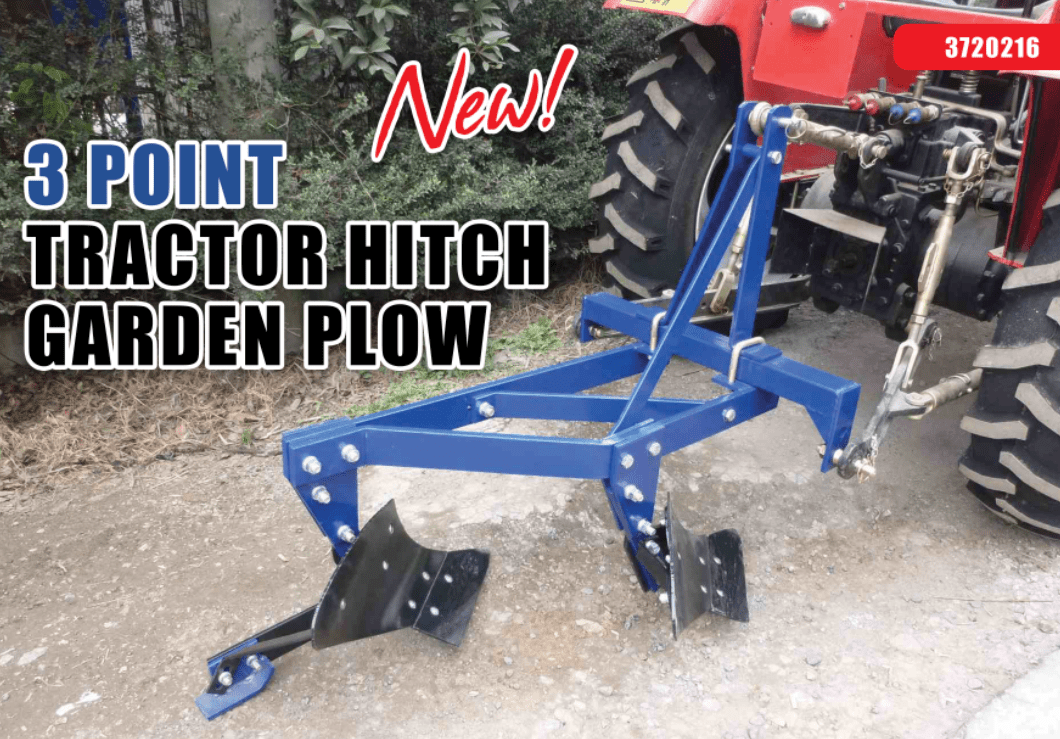 Heavy-duty twin moldboard 3-point plow (red) on display

3-point hitch garden plow with 16-inch bottoms

Moldboard plow for compact tractor – Cat 1 compatible

Side view of twin-bottom plow attachment in red

Tractor plow close-up showing hitch and moldboards