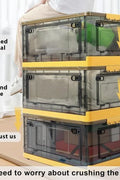 3-pack of foldable 12.6 gallon stackable storage containers with lids, doors, and caster wheels – black and yellow bins