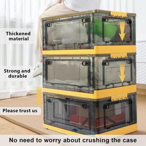 3-pack of foldable 12.6 gallon stackable storage containers with lids, doors, and caster wheels – black and yellow bins