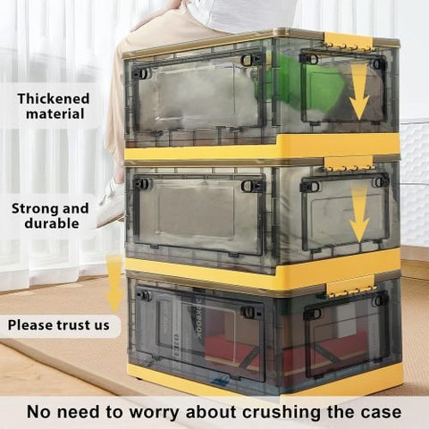 3-pack of foldable 12.6 gallon stackable storage containers with lids, doors, and caster wheels – black and yellow bins