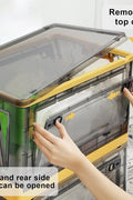 3-pack of foldable 12.6 gallon stackable storage containers with lids, doors, and caster wheels – black and yellow bins
